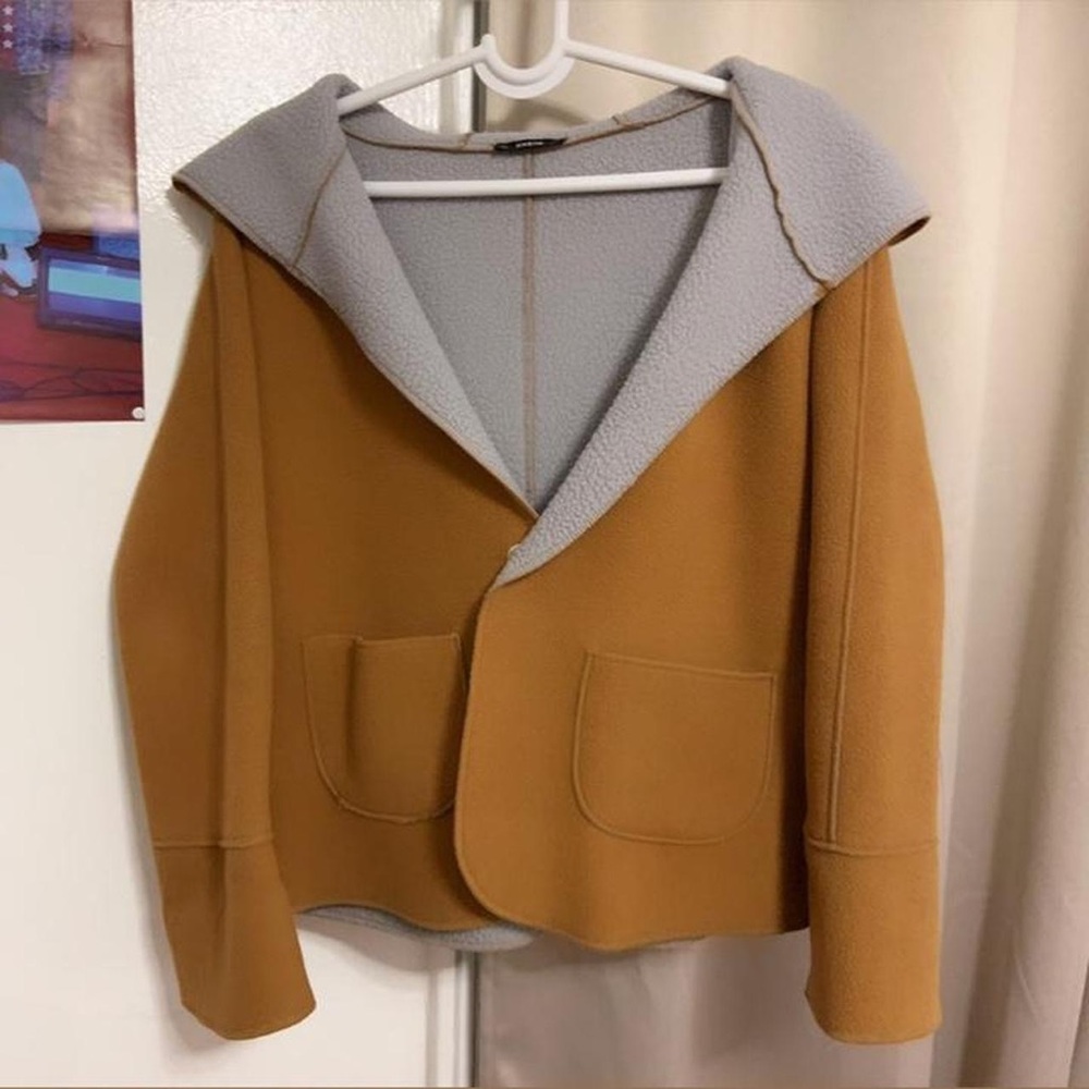 SHEIN Orangey Brown Sherpa Lining Single Button Hooded Coat